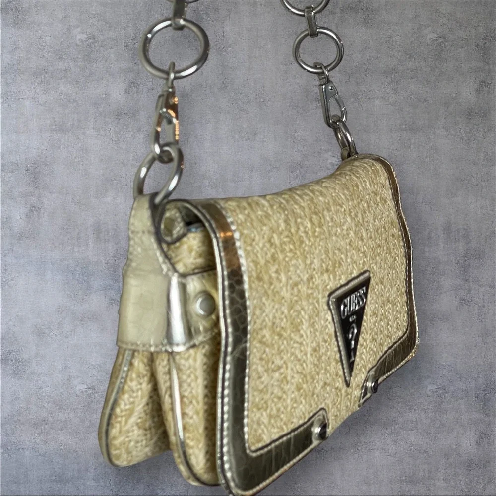 Vtg Y2K Style Guess Baguette Straw Purse Metallic Silver Snake Skin Trim 90s
